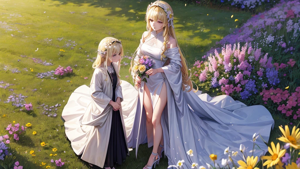 bee stay, long robe, chic, sobbing, standing in high heels in a field of flowers, dress with slit, blonde