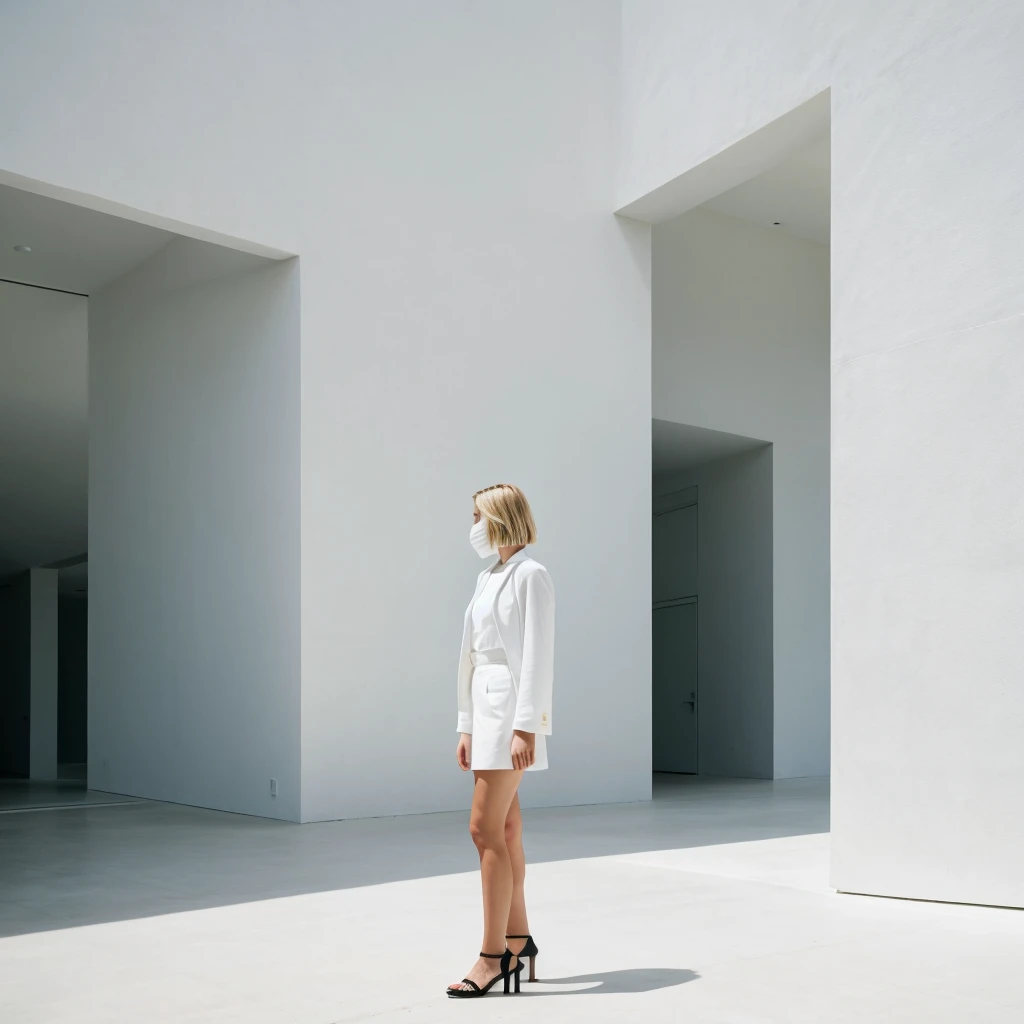no face visible short blonde hair women stands back the background of a minimalist beautiful white architecture
