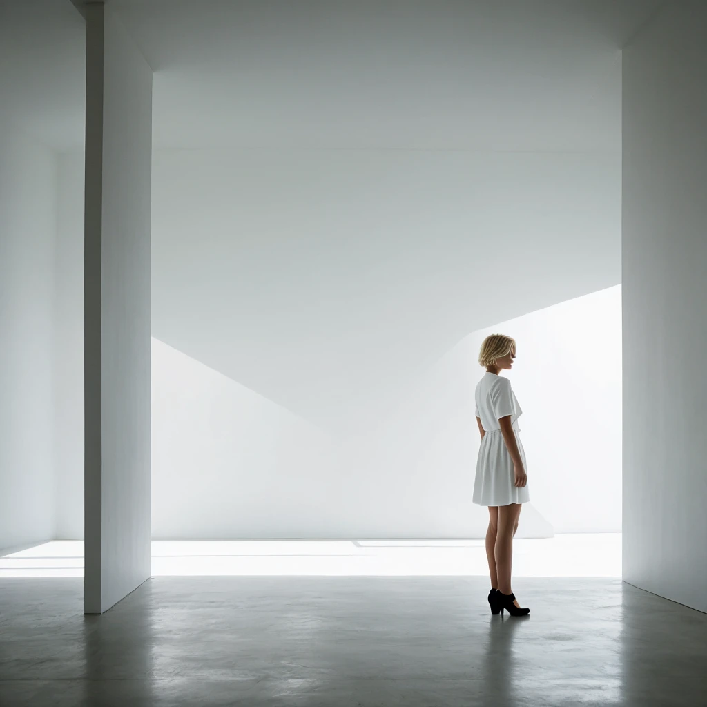 no face visible short blonde hair women stands back the background of a minimalist beautiful white architecture