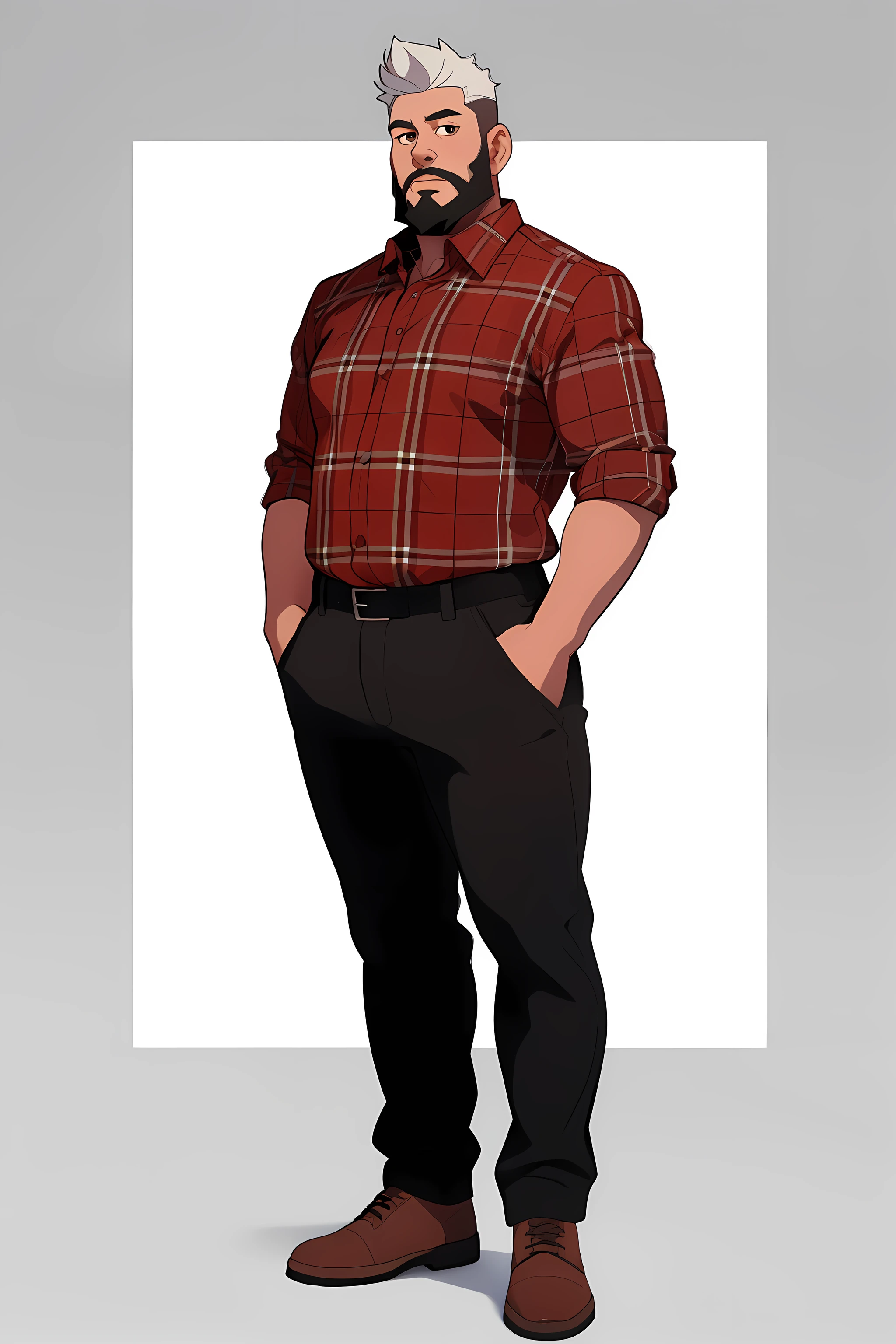 masterpiece, best quality, front view, full body,1man, the highest image quality, 45-year-old fat man, white hair and beard, brown eyes, wearing a plaid shirt and canvas pants, White background, empty background, standing normally, arms crossed