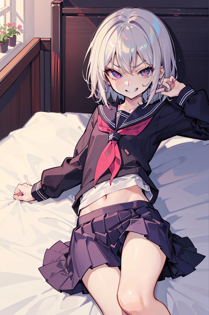 (Ideal:1.2), (perfect:1.2), (flawless:1.2), (highest quality:1.2), (best quality:1.2), on bed, 1girl, (evil smirk:1.2), (:1.2), young, (school uniform:1.1), detailed body, sexy thighs, small breasts, short hair, high quality eyes, 4K, highest quality resolution, best quality resolution, best quality upscale