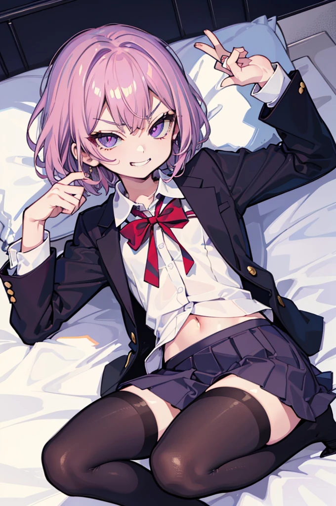 (Ideal:1.2), (perfect:1.2), (flawless:1.2), (highest quality:1.2), (best quality:1.2), on bed, 1girl, (evil smirk:1.2), (loli:1.2), young, (school uniform:1.1), detailed body, sexy thighs, small breasts, short hair, high quality eyes, 4K, highest quality resolution, best quality resolution, best quality upscale