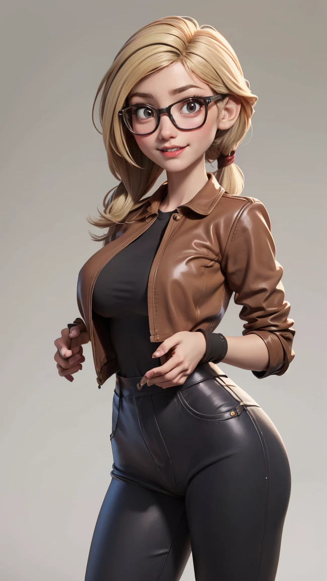 18 year old girl with blonde pony hair dress as a cowgirl with brown leather  wear  round glasses red   big-boobs smile wear jean pants leggings 