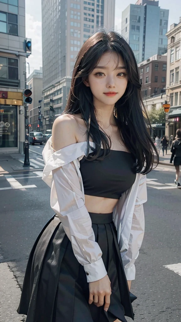 1girl, black_skirt, blue_hair, building, city, cityscape, hair_between_eyes, jacket, looking_at_viewer, medium_hair, multicolored_hair, multiple_boys, night, off_shoulder, outdoors, pleated_skirt, road, shirt, skirt, skyscraper, smile, solo_focus, street, white_shirt