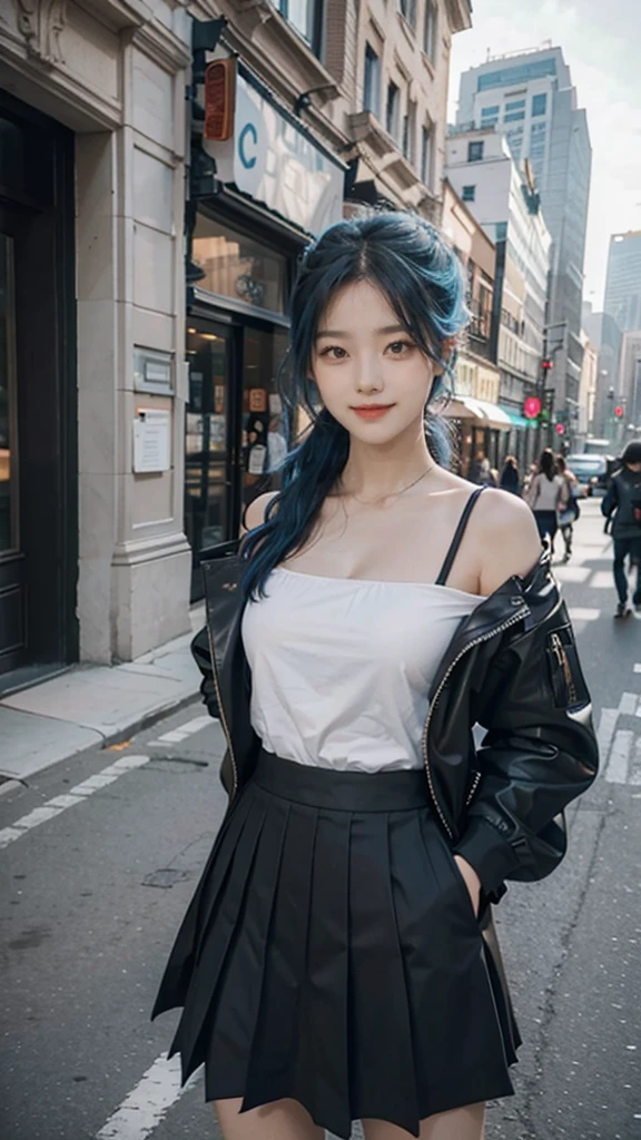 1girl, black_skirt, blue_hair, building, city, cityscape, hair_between_eyes, jacket, looking_at_viewer, medium_hair, multicolored_hair, multiple_boys, night, off_shoulder, outdoors, pleated_skirt, road, shirt, skirt, skyscraper, smile, solo_focus, street, white_shirt