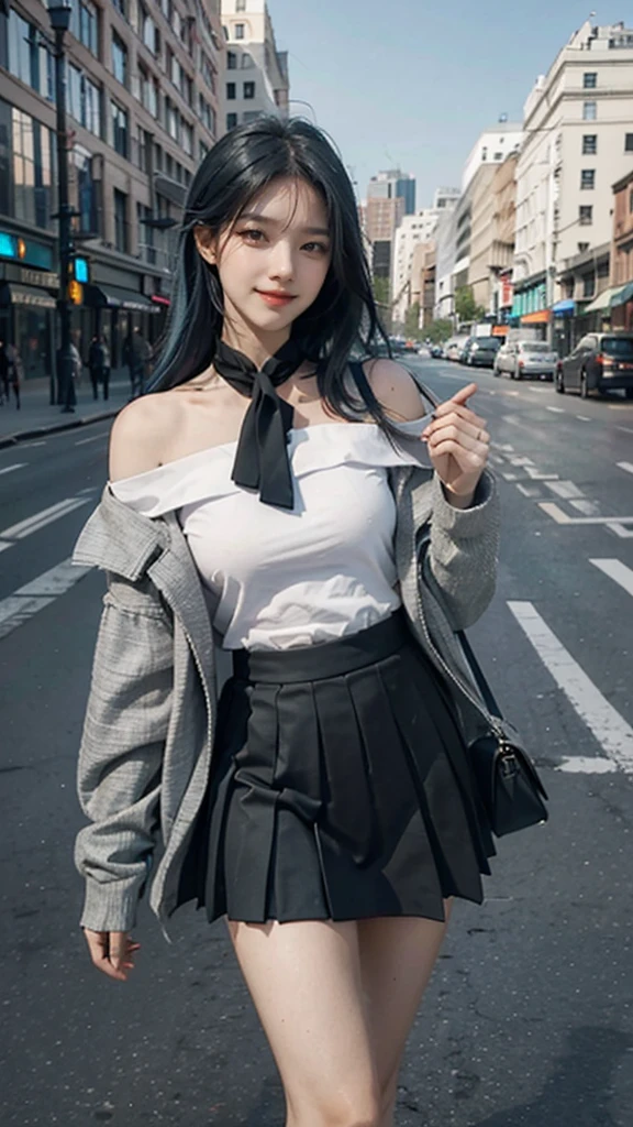 1girl, black_skirt, blue_hair, building, city, cityscape, hair_between_eyes, jacket, looking_at_viewer, medium_hair, multicolored_hair, multiple_boys, night, off_shoulder, outdoors, pleated_skirt, road, shirt, skirt, skyscraper, smile, solo_focus, street, white_shirt