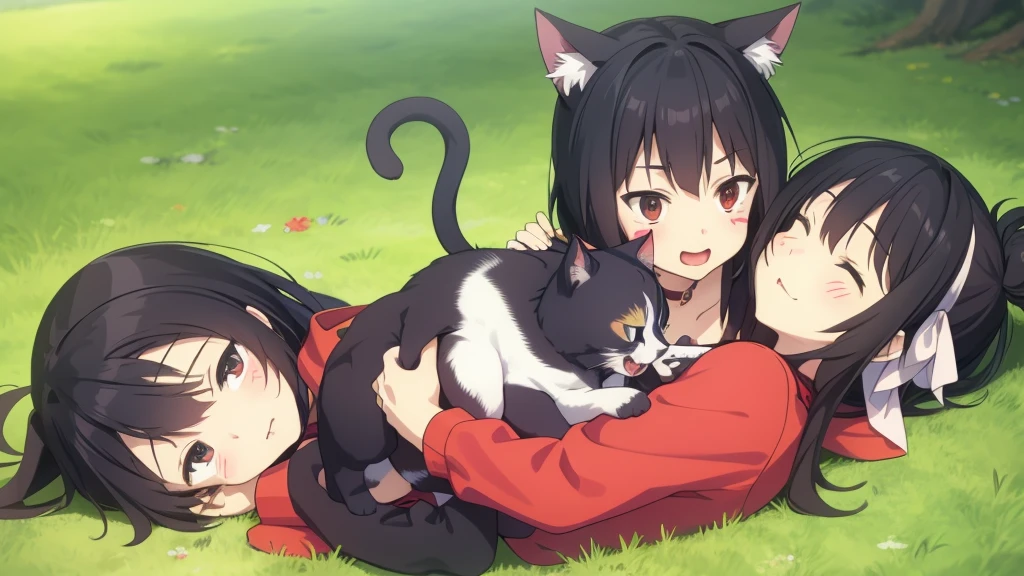 Rin and Aoi hug the kitten and say "Thanks, Jack!" They know that Jack will help them. Aoi takes the kitten and puts it on her cheek.
Rin grabs Jack's hand. "Now we can go on an adventure together!" She is happy.
Aoi nudges Jack. "You'll come with us, right? Don't leave us alone with bad things! He winks at Jack and scratches the kitten's chin.
Both girls hope that Jack will join them on their adventure.