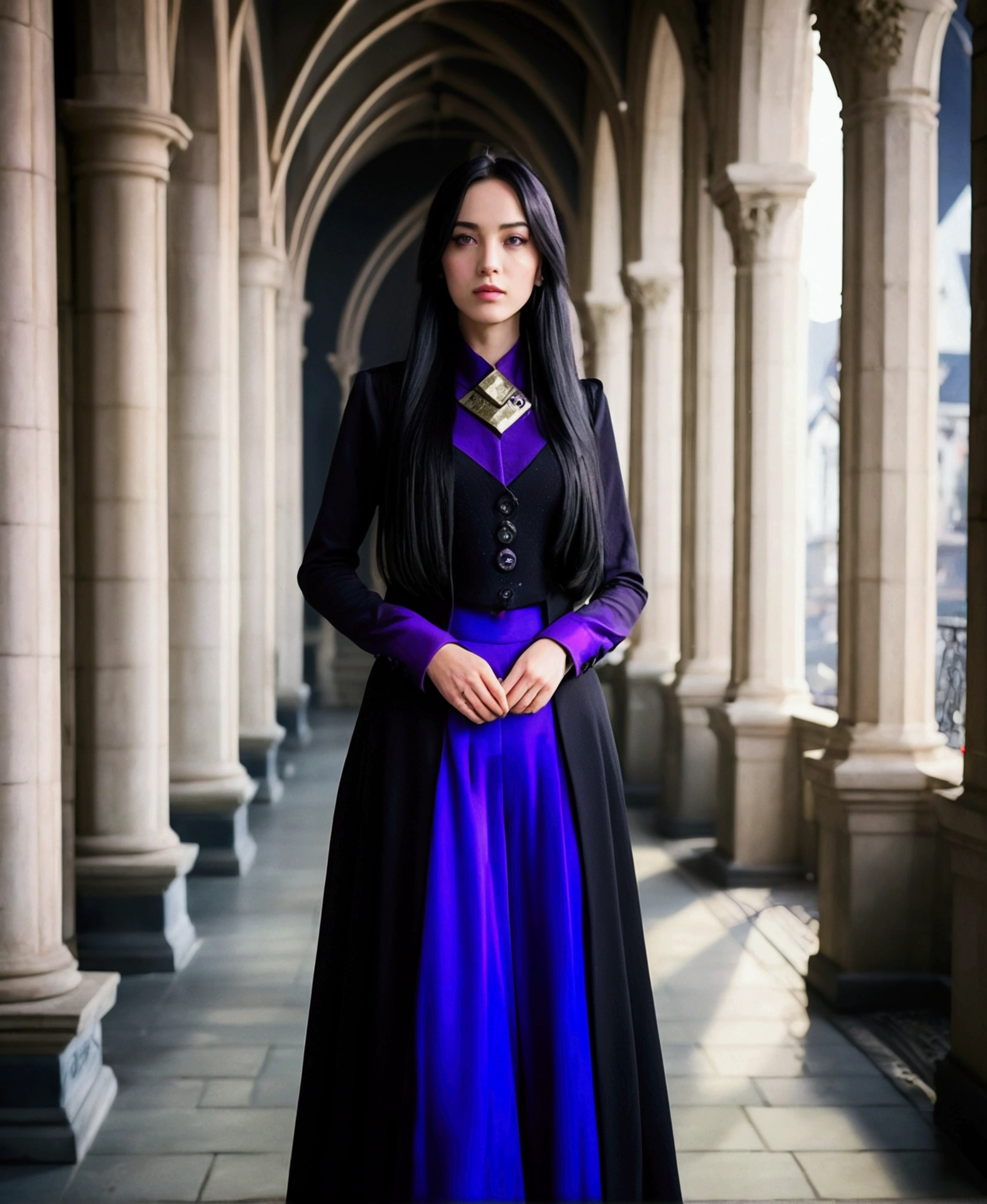 cinematic film still photogenic adult woman, comely,  extra long straight black hair,  purple eyes, dressing black don, married high collar, dressing ((madripearl buttons)) don, (pants), high qualiy, best qualityer, high resolution, 8K, rim lighting, hogwarts setting, necklase . Shallow depth of field, vignette, highy detailed, high budget, bokeh, cinemascope, temperamental, epic, marvelous, Film grain, grainy