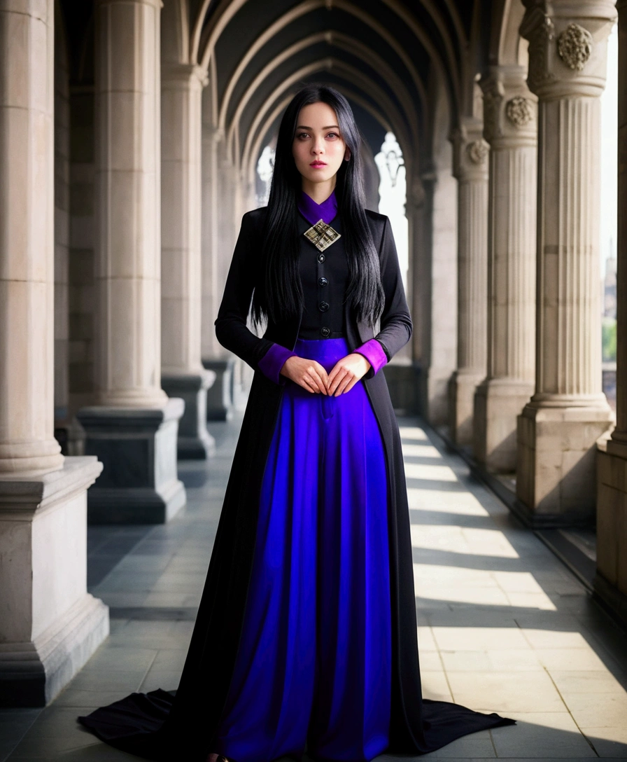 cinematic film still photogenic adult woman, comely, extra long straight black hair, purple eyes, dressing black don, married high collar, dressing ((madripearl buttons)) don, (pants), high qualiy, best qualityer, high resolution, 8K, rim lighting, hogwarts setting, necklase . Shallow depth of field, vignette, highy detailed, high budget, bokeh, cinemascope, temperamental, epic, marvelous, Film grain, grainy