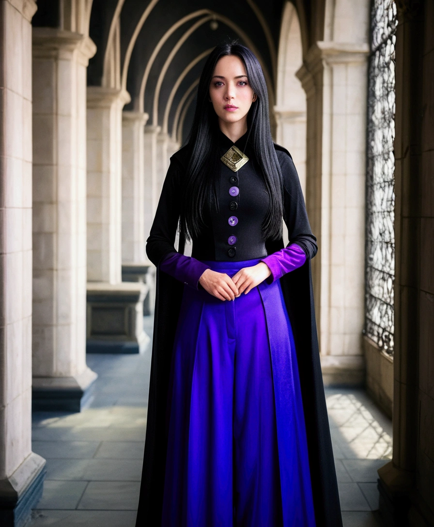 cinematic film still photogenic adult woman, comely, extra long straight black hair, purple eyes, dressing black don, married high collar, dressing ((madripearl buttons)) don, (pants), high qualiy, best qualityer, high resolution, 8K, rim lighting, hogwarts setting, necklase . Shallow depth of field, vignette, highy detailed, high budget, bokeh, cinemascope, temperamental, epic, marvelous, Film grain, grainy