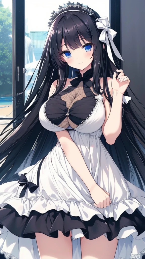 best quality, extremely detailed,anime style girl,long hair down to the waist, straight hair, ((dark black hair with bluish)),braid,beautiful detailed eyes, pinched eyes, (dark blue eyes),huge breasts,curvy,((((white mysterious swim dress)))),big ribbon,hair ornament,beach side Luxurious room,smile,((active pose))