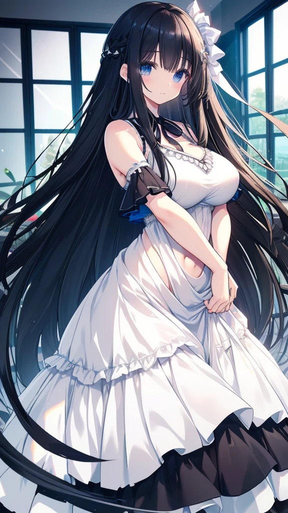 best quality, extremely detailed,anime style girl,long hair down to the waist, straight hair, ((dark black hair with bluish)),braid,beautiful detailed eyes, pinched eyes, (dark blue eyes),huge breasts,curvy,((((white mysterious swim dress)))),big ribbon,hair ornament,beach side Luxurious room,smile,((active pose))