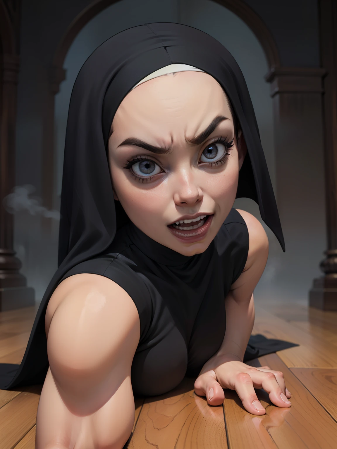 In the heart of a haunted abbey, a dark nun emerges from the shadows. With a sharp focus and unyielding determination, every detail of her ultra-detailed, photorealistic portrait comes to life in stunning 1.2 high resolution (best quality: 4K, 8K, highres, masterpiece). Her dark habit conceals a stark contrast of ominous shadows and dramatic lighting, heightening the horror and terrifying presence of this creepy and scary figure.

 demonic eyes gleaming with an otherworldly intensity. Her sharp, angular features are subtly hinted at in the mist,   (small breasts:0.2))  (Kneel on the floor ,screaming in pain) strong , muscular