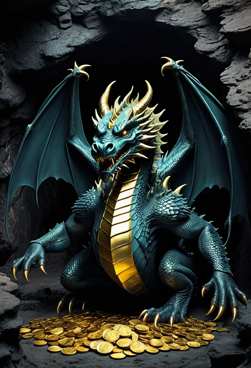 80s movies style,dark fantasy,dragon with 3 head, creepy,cave,gold coins