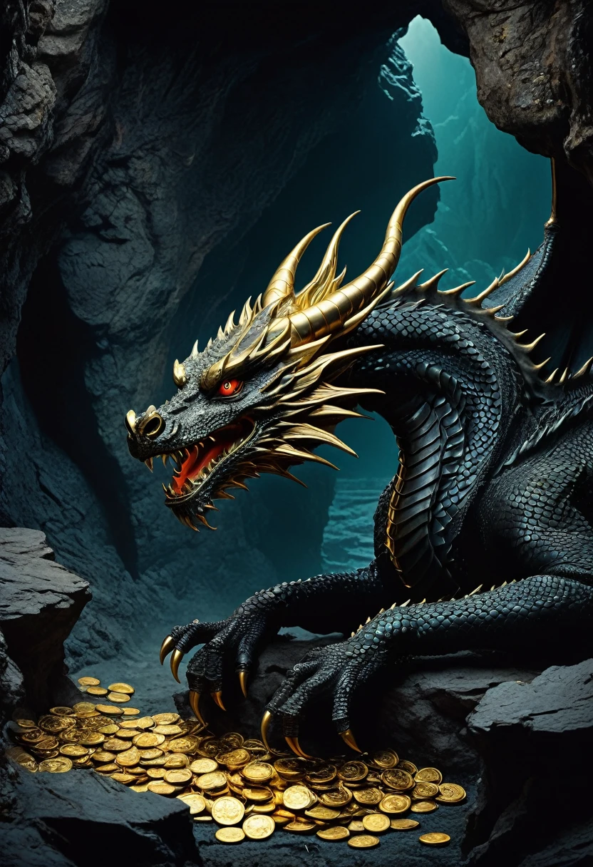 80s movies style,dark fantasy,dragon with 3 head, creepy,cave,gold coins 