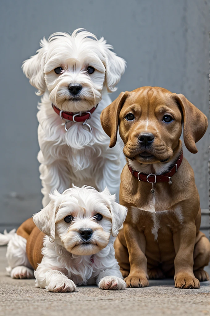 A furry white Maltese puppy next to a brown pitbull dog 
