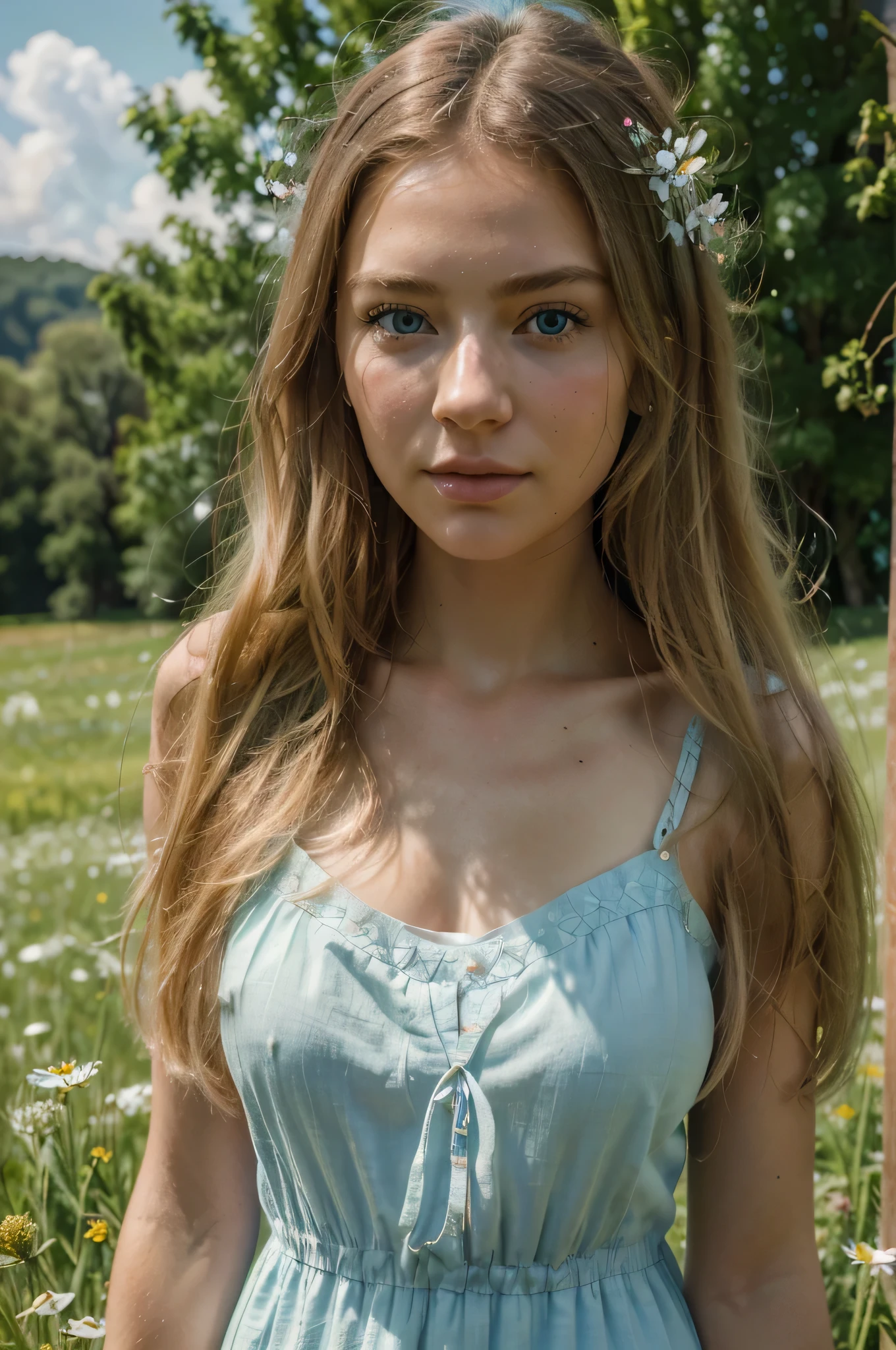 detailed beautiful girl, 1girl, girl with long flowing blonde hair, beautiful blue eyes, delicate facial features, soft smile, wearing a white country-style sundress, in a field of wildflowers, sunlight streaming through, natural lighting, vibrant colors, serene countryside landscape, rolling green hills, blue sky with fluffy white clouds, birds flying in the distance, (best quality,4k,8k,highres,masterpiece:1.2),ultra-detailed,(realistic,photorealistic,photo-realistic:1.37),highly detailed facial features,extremely detailed skin texture,dynamic composition,intricate details,natural environment,dramatic lighting,vivid colors,pastoral,soft focus,depth of field,cinematic,ethereal atmosphere