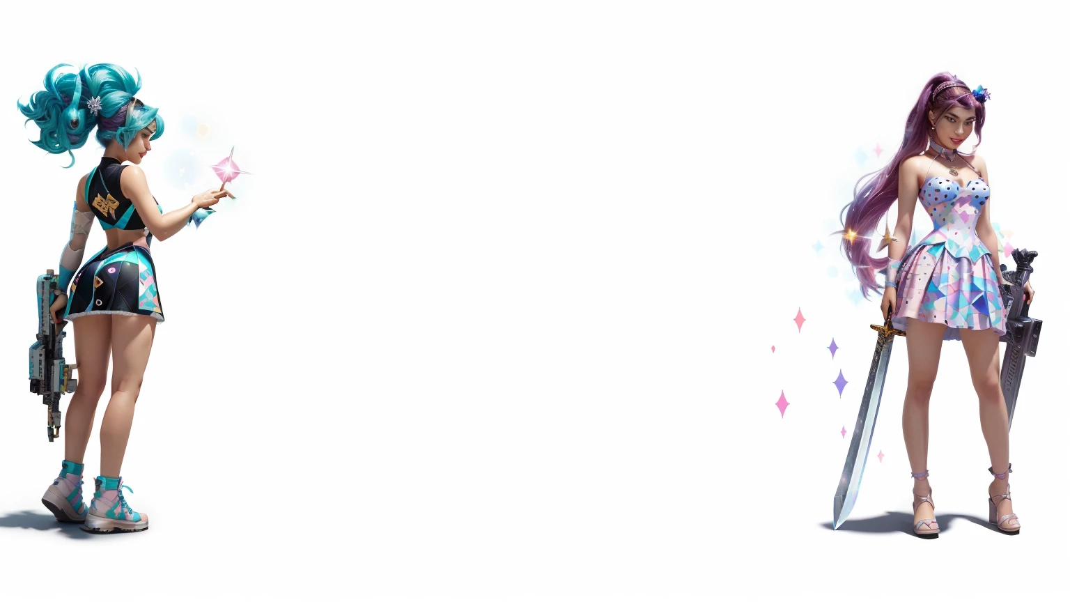 two cartoon characters of a woman with a sword and a girl with a dress, no background and shadows, polkadots, 2 point lights, polycount, in background, stylistic blur, some chaotic sparkles, hyper realistic, vaporwave city, xparticles, artgerm 4 k, agent pekka, 8k artgerm bokeh, styleframe