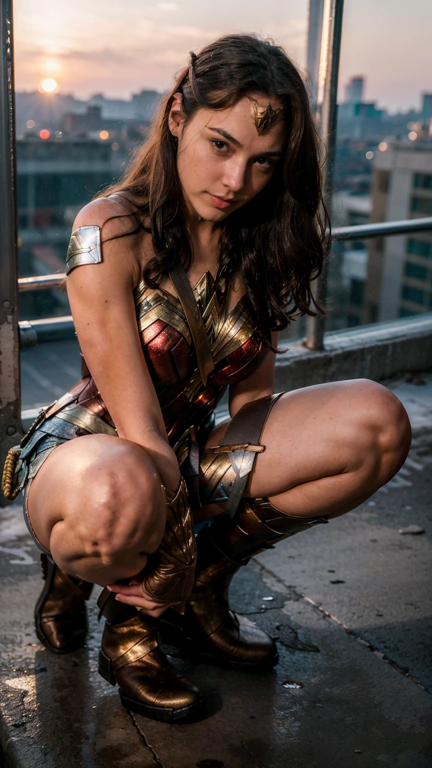 ((masterpiece), (solo character), (photorealistic:1.4), ),(best quality), (epiCRealLife), (g4lg), (g4lg large breasts), (g4lg show cleavages), (Gal Godot in wonder woman costume), (lora:epiCFlashPhoto),(flashphoto), (flash photography) (look at viewers), (sunset), (photoshoot), (wonder woman theme),, (g4lg in different squatting poses), (different angle camera shots), ( g4lg smile)