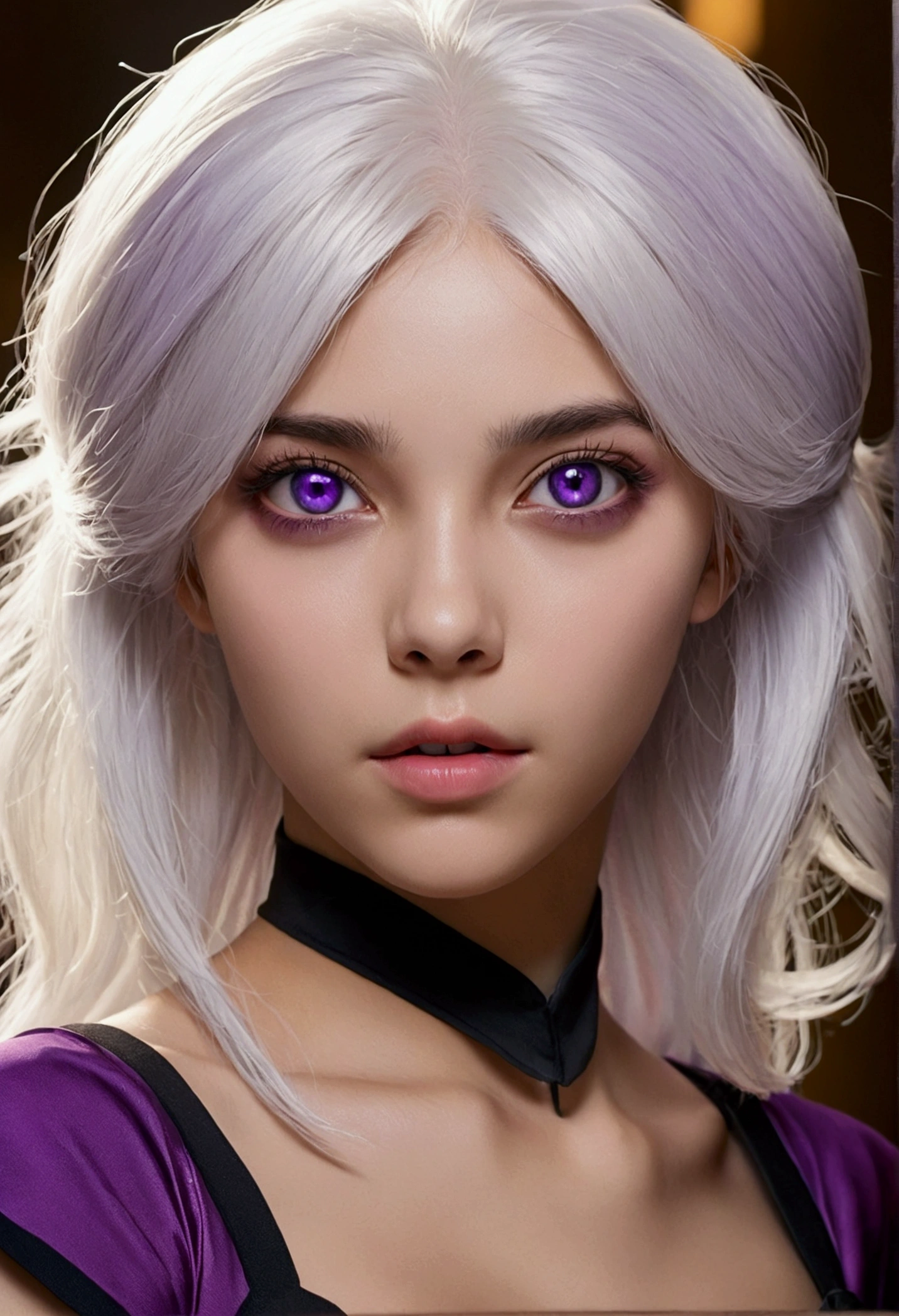 realisitic, 1 girl, White hair, purples eyes, glare eyes, top cut, completamente nua de perna wide open em cima da mesa com a b***** wide open 