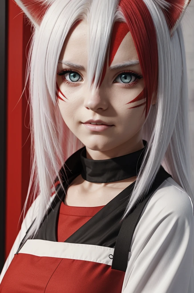 Screenshot of boruto white haired girl with red locks and red cat eyes and cat stripes on her face