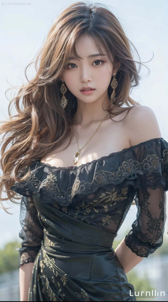 1 woman,brown dress,tolal body shot,whole body shot,white wall back ground,big brack hair with big bangs