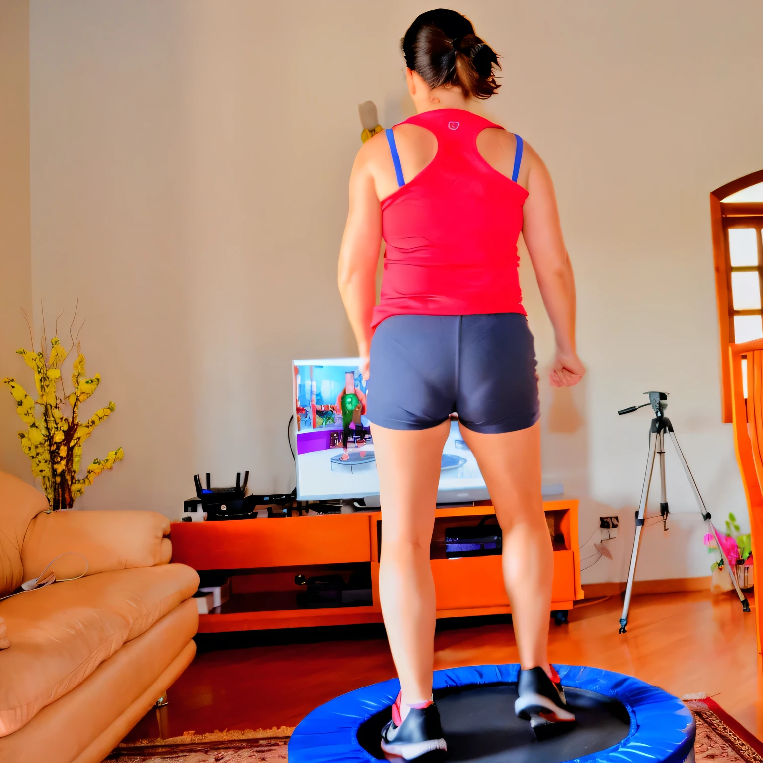 woman standing on a trampol in a living room with a television, bouncing, indoor shot, indoor, by Amelia Peláez, back - shot, workout, fitness, working out, jumping, in shape, sport, cottagecore!! fitness body, full body wide shot, indoor picture, 3 dimensional, shot on nikon d 3 2 0 0, portal 3