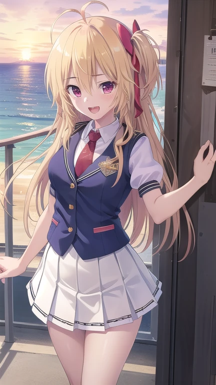 ((masterpiece)),(best quality),official art,extremely detailed CG,unity 8k wallpaper,ultra detailed,beautiful detailed eyes,extremely detailed face,A lighthouse on a cliff by the sea,1girl,solo,cowboy shot,looking at viewer,facing viewer,standing,very long hair,blonde hair,hair ribbon,one side up,bow,red ribbon,ahoge,hair between eyes,bangs,red eyes,:d,,collared vest,blue vest,red necktie,collared shirt,white shirt,puffy short sleeves,medium breasts,miniskirt,white skirt,pleated skirt,frills,white socks,loafers,