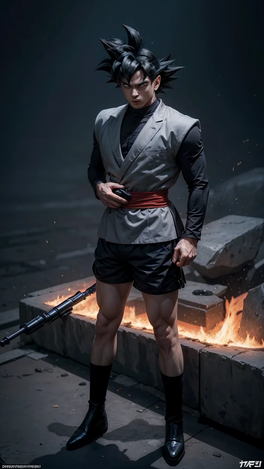 Mafioso Goku, sitting not on the throne, bad face, Black Suit, with a machine gun in his hands, A woman in short shorts at his side