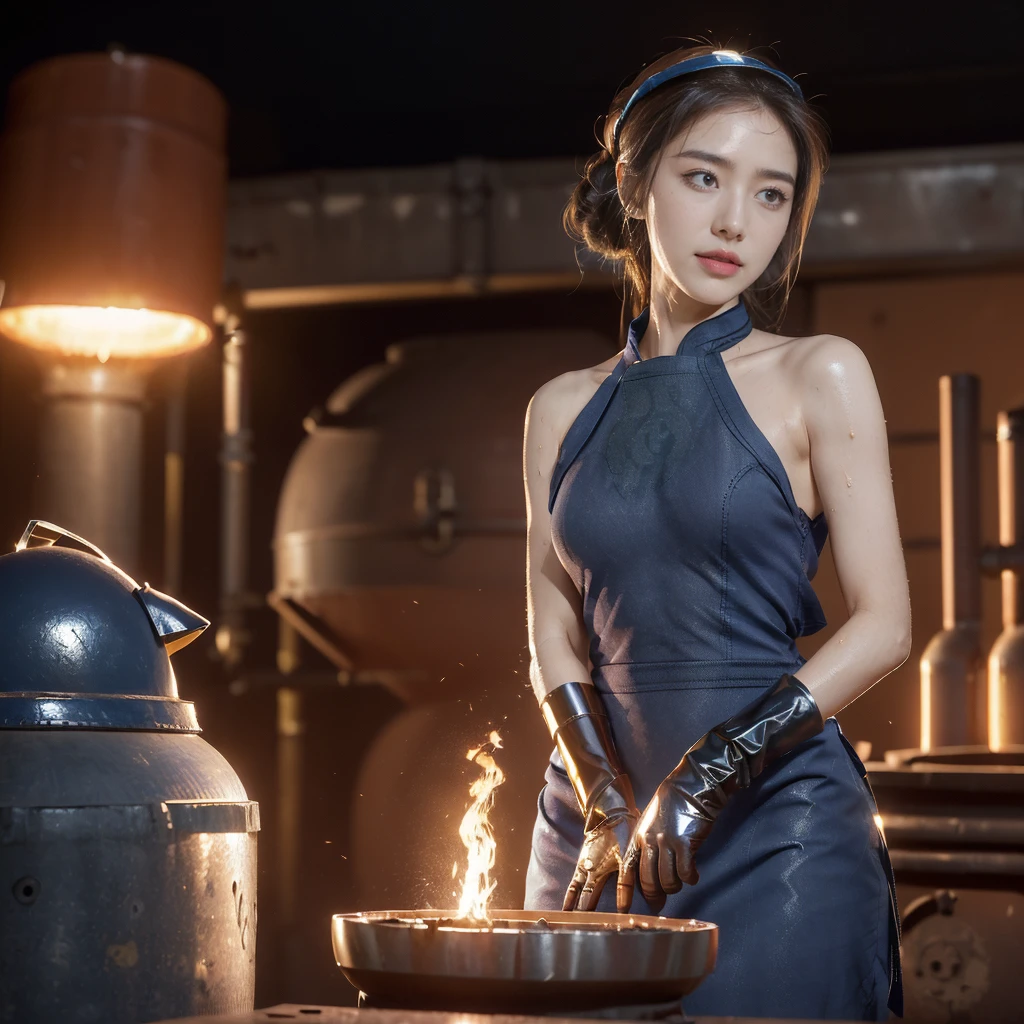 (Extremely meticulous CG),(((8k))),wallpaper,((Extremely refined and beautiful)),(((Masterpiece))),(((best qualtiy))),(((Ultra High Resolution))),beautiful light up,realistic shaded,(Smooth and flawless skin:1.5),(Extremely exquisite facial details:1.3),(ultra-detailed:1.5),((a beautiful girl,solo)),(female worker:1.2),(Safety helmet on head:1.5),(short ponytail:1.2),(small head:1.2),(slender face:1.2),(Exquisite makeup:1.3),(mask on face:1.3),(blush:1.3),(sweat:1.5),(happy:1.2),(laughing:1.2),(perfect body:1.1),(brown skin:1.3),(shiny skin:1.5),((slim,thin)),(bare shoulder:1.2),(small breasts:1.2),(flat chests:1.2),(maxi dark blue apron:1.5),(gloves:1.3),(slender legs:1.2),(boots:1.2),(standing:1.3),(arms behind back:1.2),(in factory:1.2),(In the steelmaking workshop:1.3),(Beside the steelmaking furnace:1.3),(indoor:1.2),(Cyberpunk style:1.3),(warm glow of the furnace fire:1.3),(detailed background:1.5),(upper body:1.3),(from front:1.3)2, ( blue clear eyes)