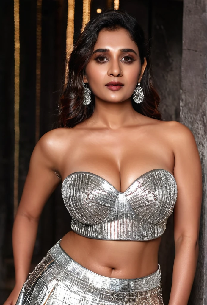 indian model, 35 years old, large cleavages ,fashion, close up,sleevles bandeau top and silver mini skirt, masterpiece, (((High detailed))), cinematic light