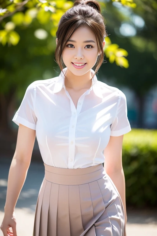 (a gorgeous chinese lady, Age 28, natural pose, wearing a formal white collared shirt & pink pleated pencil skirt, walking in a school. she has dimpled cheeks, kind friendly smile, cute snaggle-tooth, short_hair_ponytail, realistic symmetrical face, beautiful detailed face, beautiful detailed eyes, ample_round_bosom, perfect body proportion, photorealistic, hyper-realism, high contrast, ultra HD, realistic skin textures, top image quality, top-quality, super high resolution, fine details, very meticulously, masterpiece, head_to_knees, the_Cowboy_shot, romantic_vibes, bokeh_background, Serene_Ambience) #ciciai #Skye #Fine
