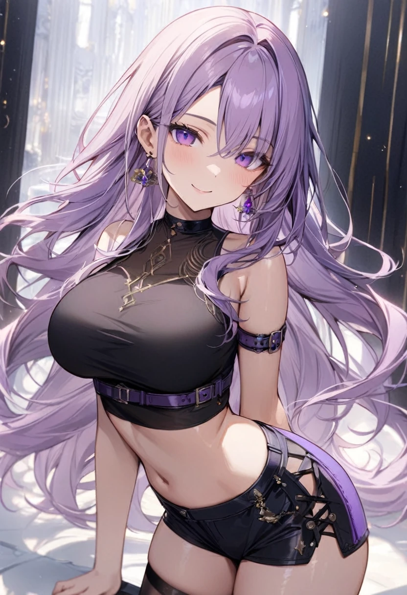 masterpiece, best quality, 1girl, solo, adult, light purple hair, long hair, earrings, purple eyes, detailed face, black crop top, large breasts, shorts, stocking, arm belt, infront of viewer, empty look, smile, a goddess,