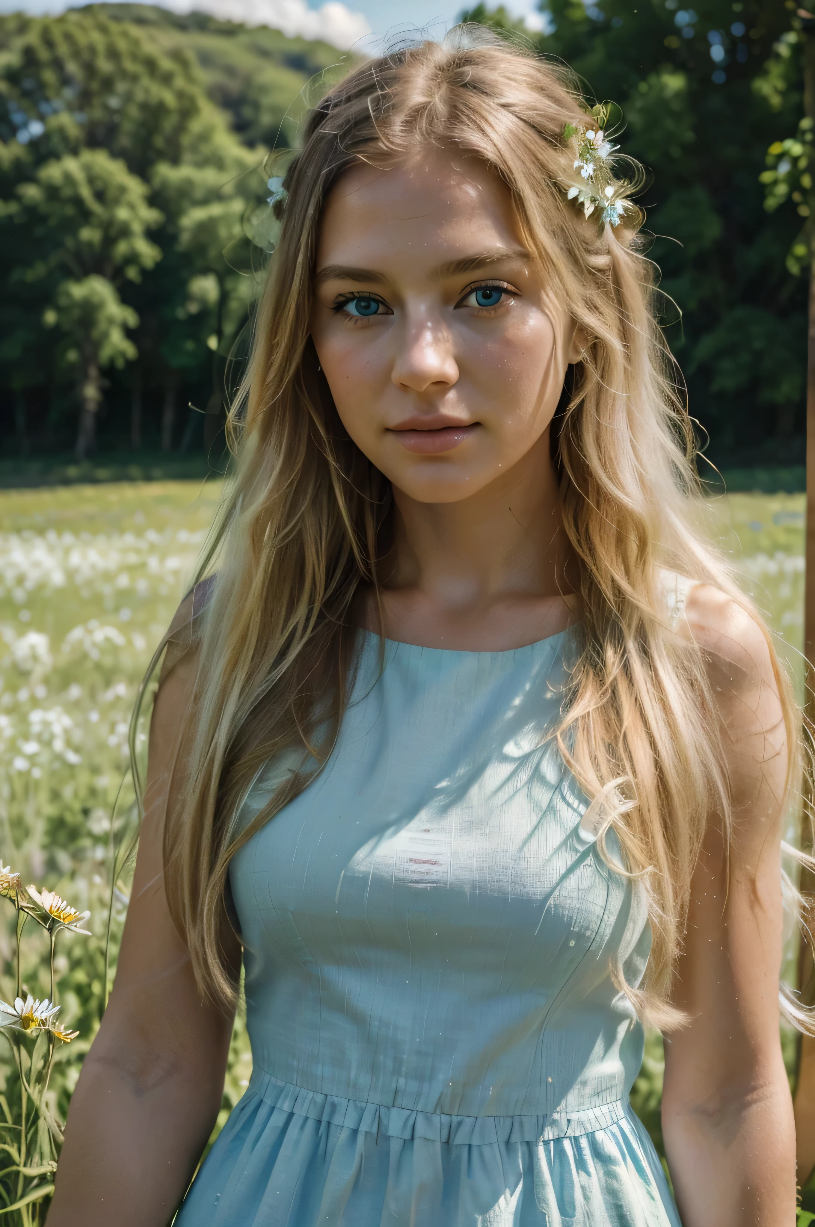 detailed beautiful girl, 1girl, girl with long flowing blonde hair, beautiful blue eyes, delicate facial features, soft smile, wearing a white country-style sundress, in a field of wildflowers, sunlight streaming through, natural lighting, vibrant colors, serene countryside landscape, rolling green hills, blue sky with fluffy white clouds, birds flying in the distance, (best quality,4k,8k,highres,masterpiece:1.2),ultra-detailed,(realistic,photorealistic,photo-realistic:1.37),highly detailed facial features,extremely detailed skin texture,dynamic composition,intricate details,natural environment,dramatic lighting,vivid colors,pastoral,soft focus,depth of field,cinematic,ethereal atmosphere
