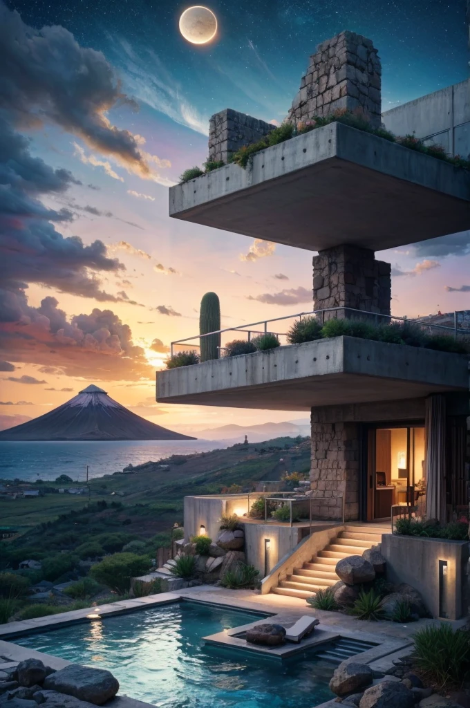 anime (best-quality:0.8), (best-quality:0.8), perfect anime illustration, we've been trying to reach you about your cars extended warranty, An illustration in collage style, with giant boulders, brutalist building sections, terraces, stairs, cacti, agave, concrete texture, multiple geometric shapes, hatch and cross hatching, planet saturn, volcano, moon, Luis Barragán's architectural style build, milky way galaxy, violet, one motorcycle, An illustration in collage style, with giant boulders, brutalist building sections, stairs, cacti, agave, concrete texture, multiple geometric shapes, hatch and cross hatching, planet saturn, volcano, moon, Luis Barragán's architectural style build, reflective pool, terraces. An elegant and modern build, in top of big boulders, with terraces, materials concrete, wood, steel and crystal, various gardens with tropical vegetation, cacti and rocks, stairs, a pool. In middle of sea, a big wave near, sunset, mountains and a volcano in the horizont, cute islands around, illustration format, cute color palette, detailed, masterpiece, award-winning work A 1999 Nissan GTR in Tron form r34 horizonte Lamborghini under a pink and purple sky, an anime drawing by Makoto Shinkai, trending on pixiv, magical realism, beautiful anime scene, cosmic skies. by makoto shinkai, ( ( makoto shinkai ) ), by makoto shinkai, anime background art, style of makoto shinkai