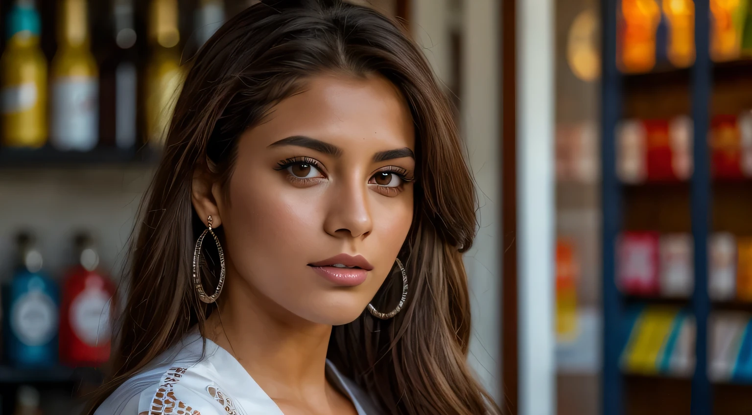 16k, a chicha, 24 years old, Long Brown Hair, grey eyes, slim with a very good body figure and medium breasts, dressed in Jens and a sensual white bustier, walking down a boulevard looking at shops