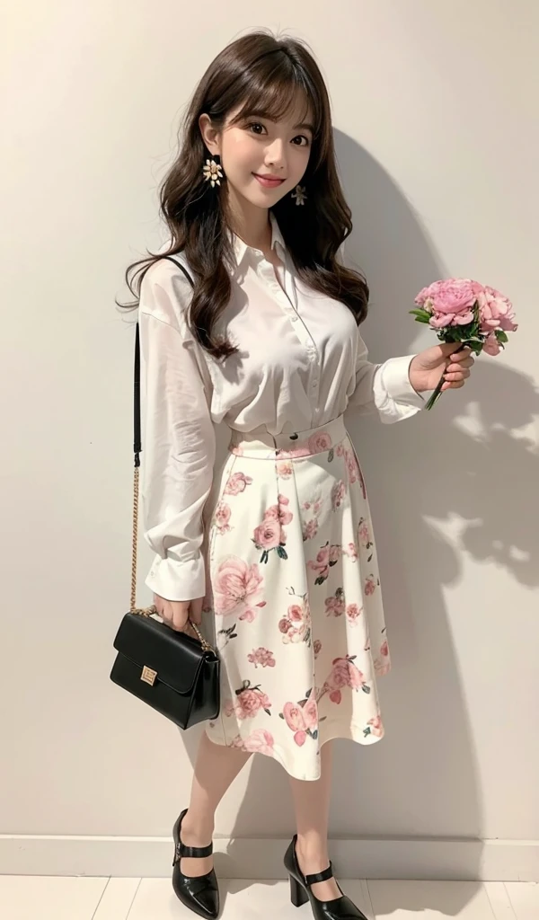 1girl, long hair, breasts, looking at viewer, blush, smile, open mouth, bangs, skirt, simple background, brown hair, shirt, black hair, long sleeves, white background, holding, brown eyes, jewelry, medium breasts, standing, full body, white shirt, flower, earrings, black skirt, bag, black footwear, high heels, bracelet, parted bangs, wavy hair, floral print, plant, white flower, pink flower, high-waist skirt, handbag, shirt tucked in, holding bag