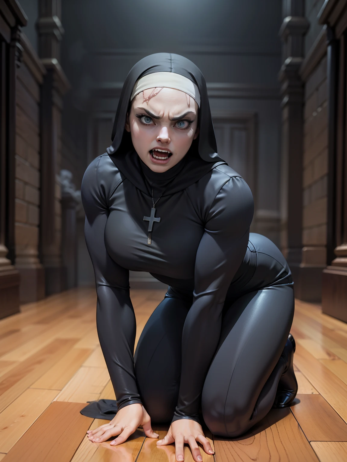 In the heart of a haunted abbey, a dark nun emerges from the shadows. With a sharp focus and unyielding determination, every detail of her ultra-detailed, photorealistic portrait comes to life in stunning 1.2 high resolution (best quality: 4K, 8K, highres, masterpiece). Her dark habit conceals a stark contrast of ominous shadows and dramatic lighting, heightening the horror and terrifying presence of this creepy and scary figure.
demonic eyes gleaming with an otherworldly intensity. Her sharp, angular features are subtly hinted at in the mist, (small breasts:0.2)) (Kneel on the floor ,screaming in pain) strong , muscular