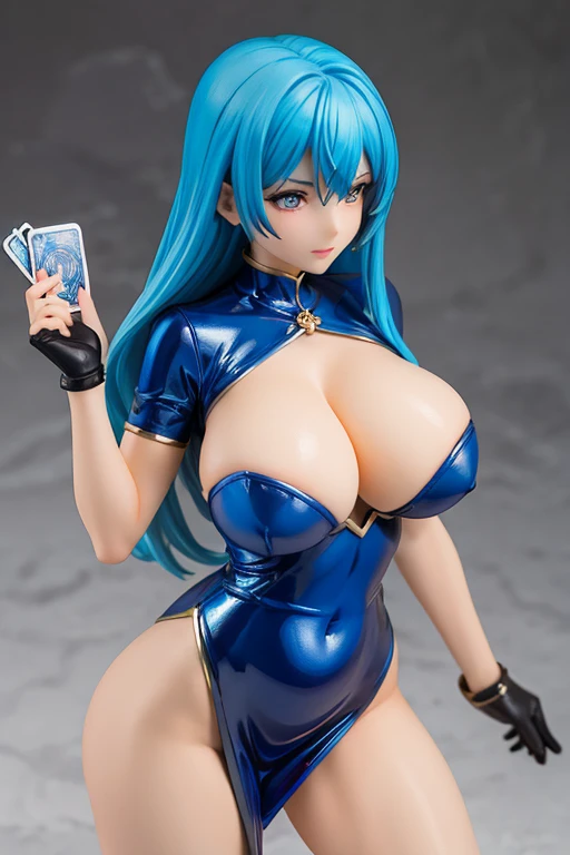 figure of with big breasts sexy pose metallic blue sexy dress tarot card style