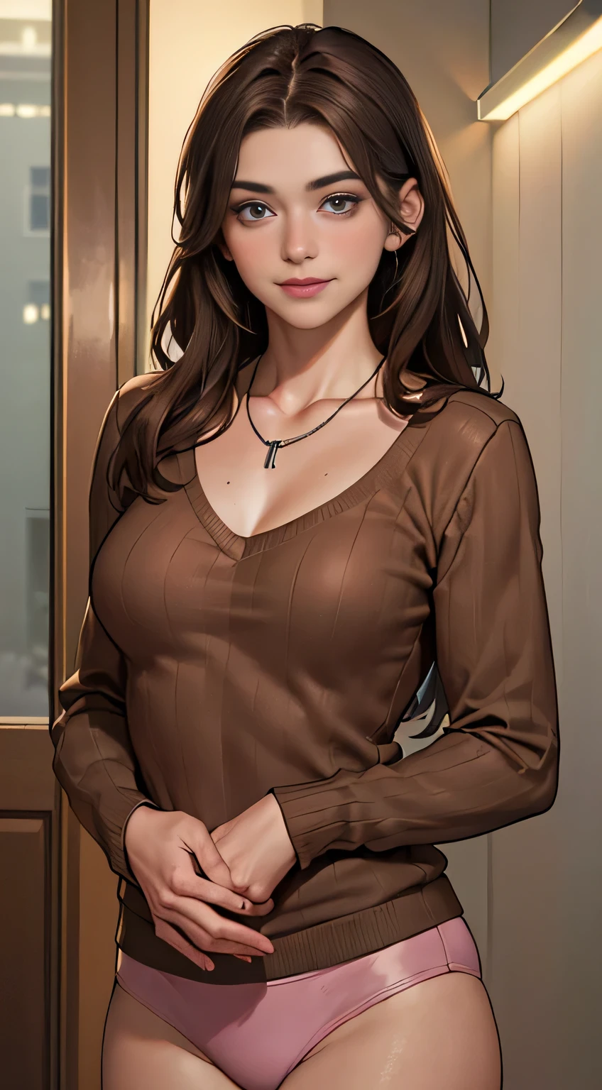 ((Night, Realistic Light, Best Quality, 8K, Masterpiece: 1.3)), 1girl, Slim Beauty: 1.4, Abs: 1.1, (Brown hair, Medium breasts: 1.3), Long pink sweater: 1.1, Bathroom, Super fine face, Delicate eyes, Double eyelids, smile, necklace