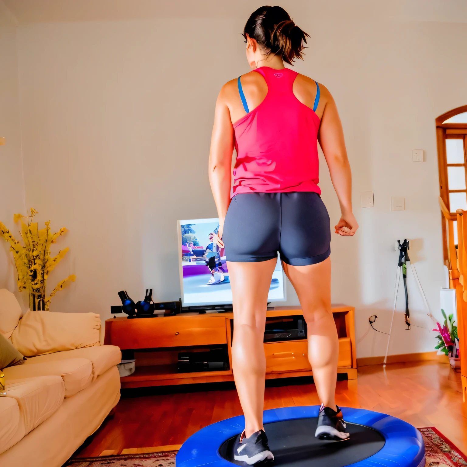 woman standing on a trampol in a living room with a television, bouncing, indoor shot, indoor, by Amelia Peláez, back - shot, workout, fitness, working out, jumping, in shape, sport, cottagecore!! fitness body, full body wide shot, indoor picture, 3 dimensional, shot on nikon d 3 2 0 0, portal 3