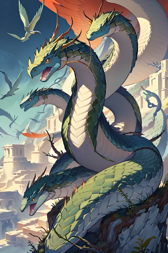 ((best quality)), ((masterpiece)), (detailed), Quetzalcoatl, snake with wings, small pale blue, serpent body, 1 snake, single snake body