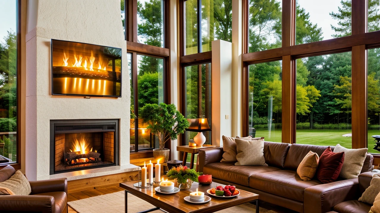 Describe a room in a pleasant house, prepared for a romantic dinner by the warm glow of candles and the fireplace, with a large television and expansive windows offering a view of the serene outdoors. The interior of the house is meticulously crafted from carefully selected and blended wood, striking a balance between modernism and sophistication. The room is not cluttered with excessive furniture, creating an intimate atmosphere by the fireplace. The scene is set for a cozy evening, with the ambiance perfect for a romantic occasion, capturing the imagination and stirring the soul, 4k