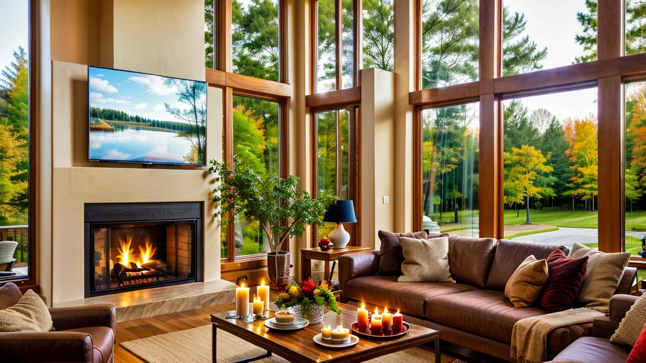 Describe a room in a pleasant house, prepared for a romantic dinner by the warm glow of candles and the fireplace, with a large television and expansive windows offering a view of the serene outdoors. The interior of the house is meticulously crafted from carefully selected and blended wood, striking a balance between modernism and sophistication. The room is not cluttered with excessive furniture, creating an intimate atmosphere by the fireplace. The scene is set for a cozy evening, with the ambiance perfect for a romantic occasion, capturing the imagination and stirring the soul, 4k