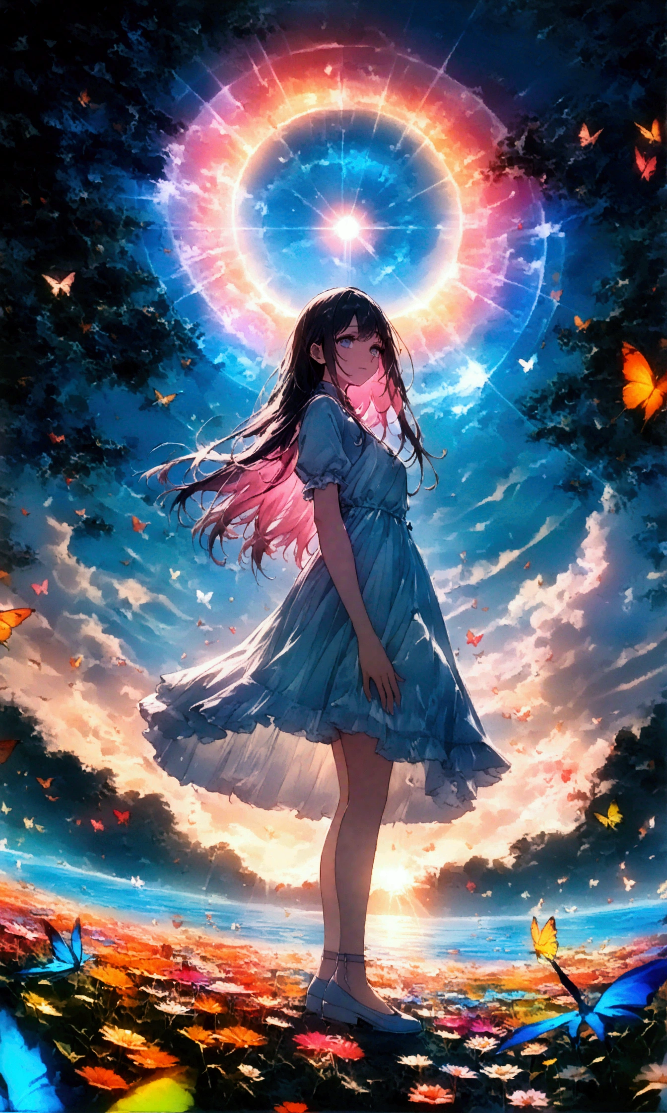 Highest quality、Tabletop、1 Female、solo、20-year-old,(Abstract art:1.4),(Psychedelic Theme:1.4),(Blue World)、There's a beautiful woman in the center of the world,A ray of light spreads