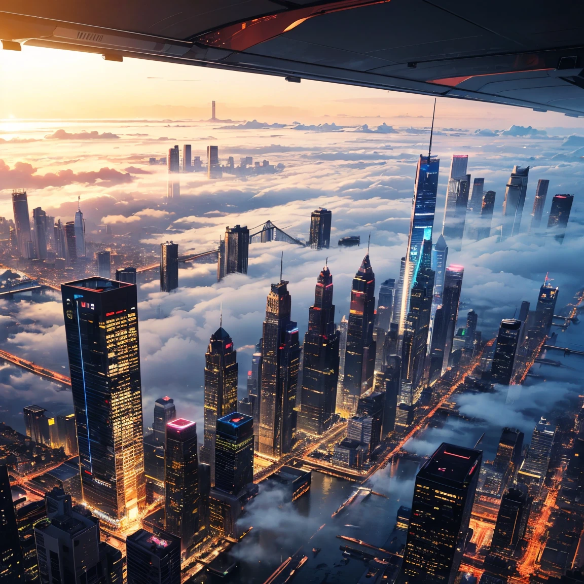 View from the airship cabin, Night view of skyscrapers, (Ultra-high resolution,8K),Fantasy, The world of picture books, (Highest quality), Super detailed, Outstanding Image, (Photorealistic), The fog rolls in