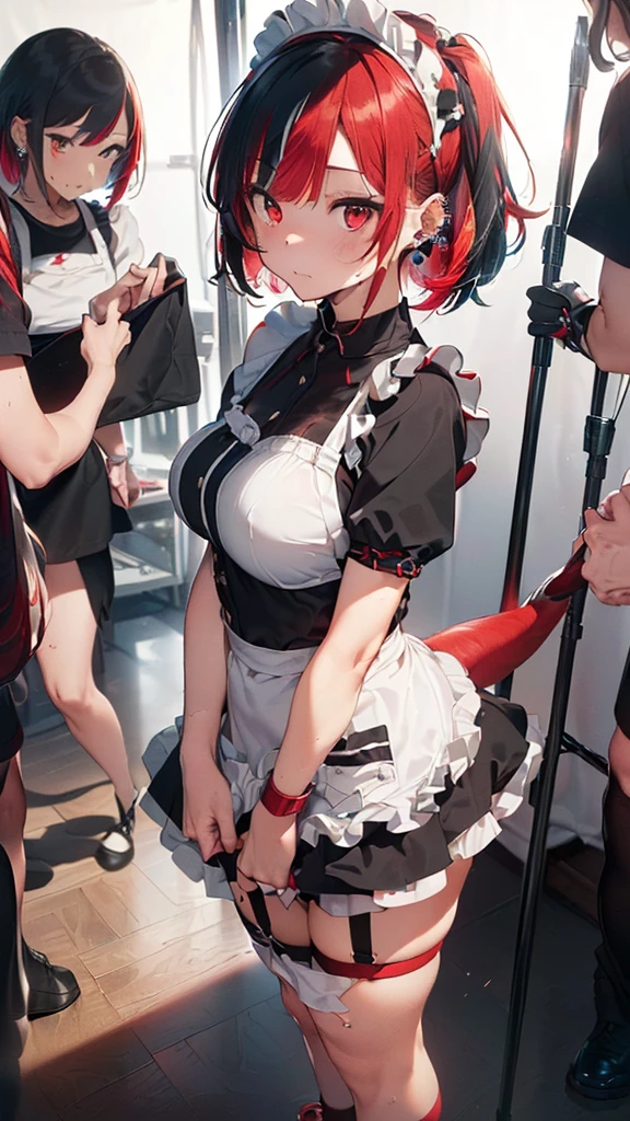 (((masterpiece,Highest Resolution,4K High Resolution,Crisp image quality:1.3)Pussy juice(Detailed Hair,garter belt,(((Pussy juiceでべちゃべちゃ))((Intense behind the scenes sex:1.3))(Eyes are hearts)solo,One Girl(Large Breasts)Ellen Joe,Zenless Zone Zero,Alternative costumes ,Maid, shark tail, (Shark Girl:0.5), short hair, tail, ,multicoloRedhead, Black footwear, Short sleeve, apron, Wrist cuff, Maidheaddress,, Black Hair, Redhead,inner hair color, multicoloRedhead, (Red eyes:1.3),, Two-tone hair,, ear piercing
