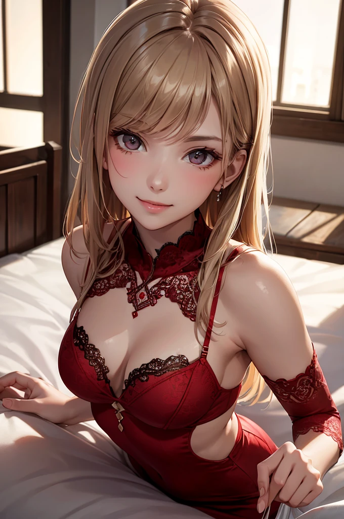 Best Quality,High resolution,8K,finelity detailed background,Masterpiece:1.2),beautiful girl,Shiny khaki hair,crossed bangs,Khaki Eyes,Gentle look,A refreshing look,smile,Best quality,Best Quality,Aesthetic and aesthetic:1.2,Best details((Super detailed))(High-definition CG illustrations),Upper Body, Red underwear,(red intricate lace),Slender body,night,moon,Bedroom,On the bed,smile,blush,cute,Scrounge,Looking up,Being spoiled,super model,wariza,shoot from,below