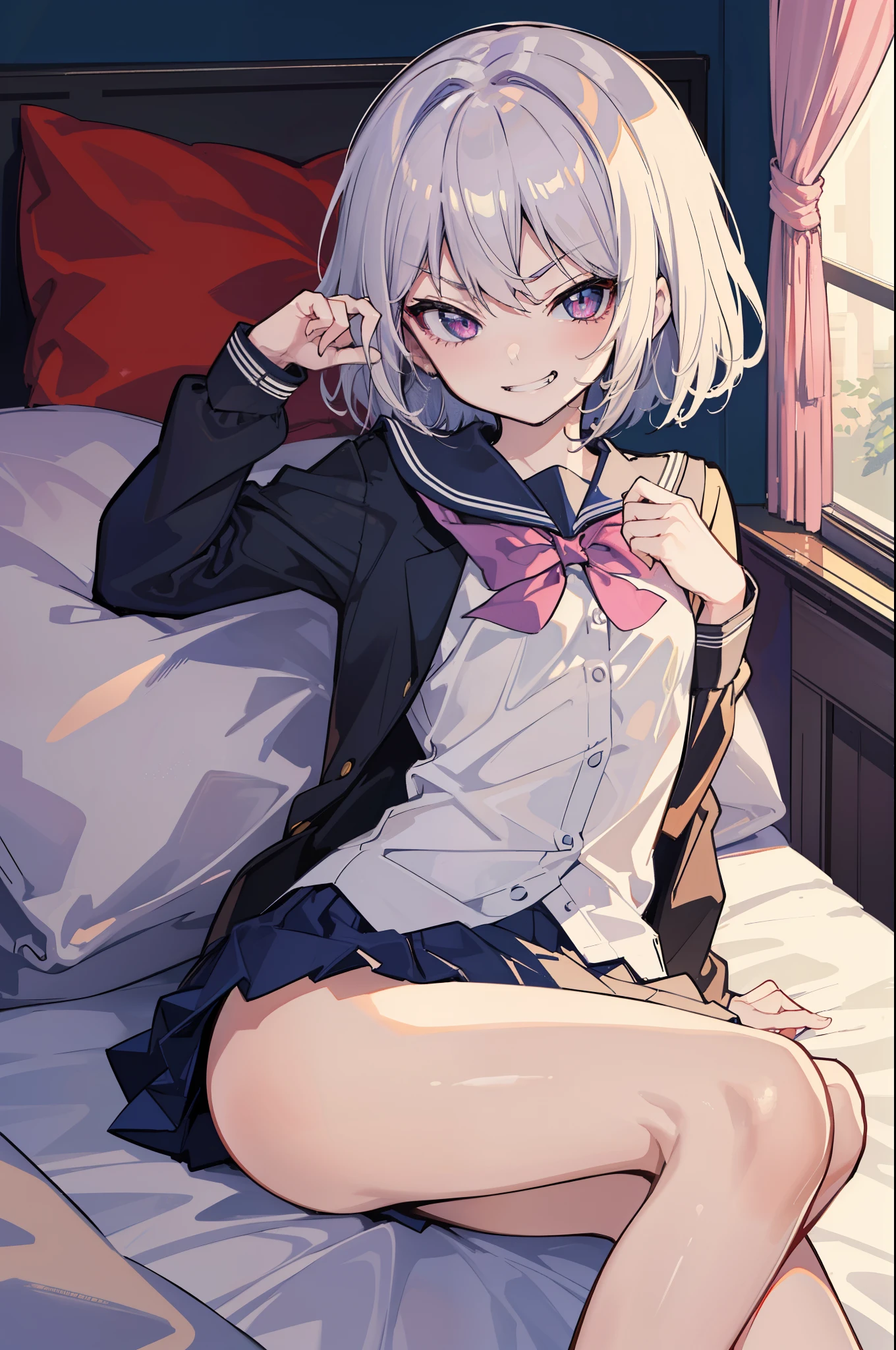 (Ideal:1.2), (perfect:1.2), (flawless:1.2), (highest quality:1.2), (best quality:1.2), on bed, 1girl, (evil smirk:1.2), (:1.2), young, (school uniform:1.1), detailed body, sexy thighs, small breasts, short hair, high quality eyes, 4K, highest quality resolution, best quality resolution, best quality upscale