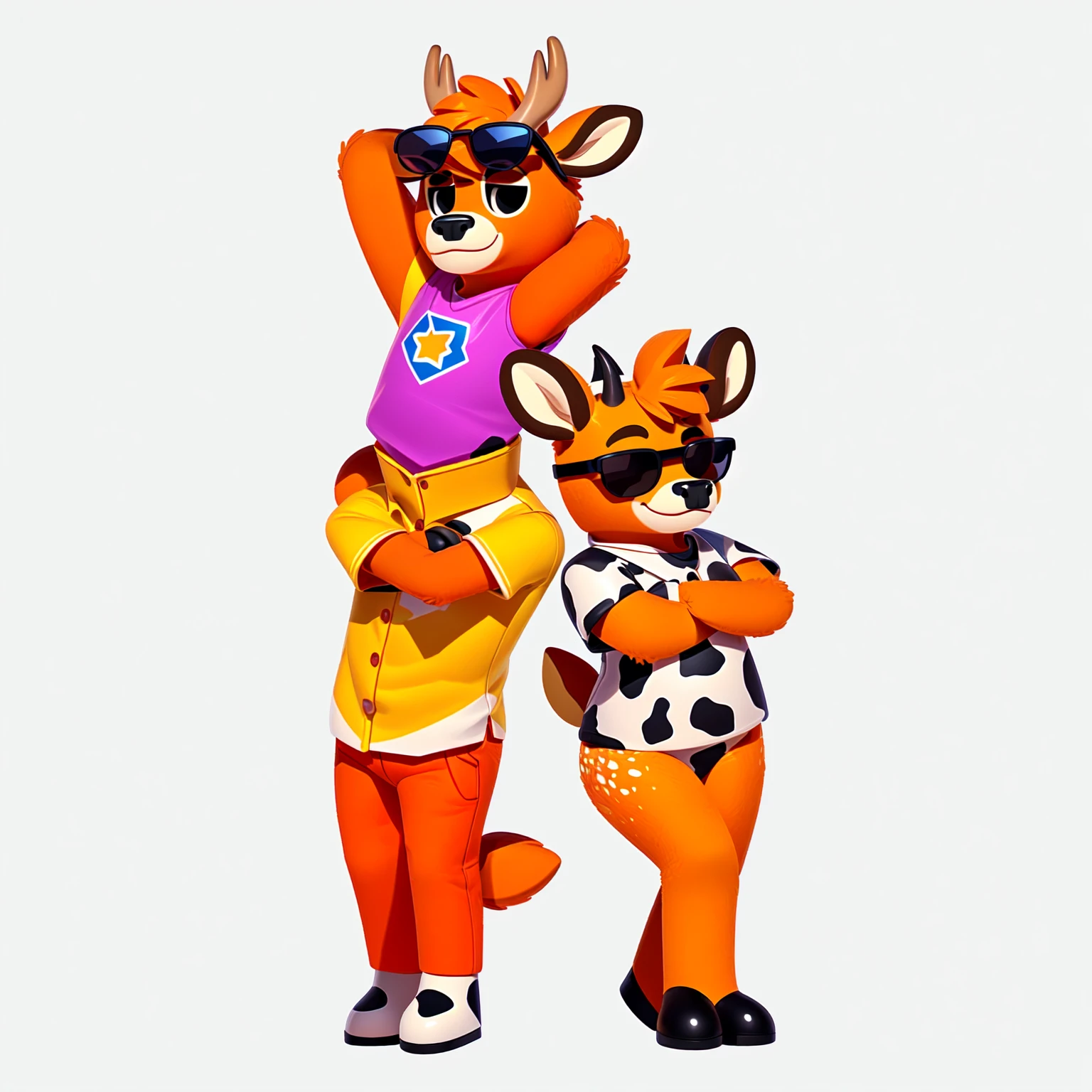Just Dance,Wear a shirt、Wearing sunglasses、Cartoon cow with crossed arms, Full body mascot, ( cow wearing sunglasses, dancing character, Created using C4D, Hair texture,Teddy Fresh, Orange body, Made with C4D, Cartoon shading:15, Official Art, Merge roles, an anthropomorphic deer, Official illustrations, Full body clothing, posture
